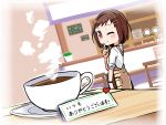  1girl ;) apron bang_dream! bangs blush brown_eyes brown_hair cafe chair coffee coffee_mug commentary_request cup cupboard dutch_angle facing_viewer hair_ornament hairclip hazawa_tsugumi highres index_finger_raised indoors kyou_(user_gpks5753) menu_board mug one_eye_closed plant plate potted_plant shirt short_hair sleeves_rolled_up smile steam table translation_request white_shirt 