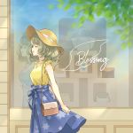  1girl arms_behind_back bag blue_dress blue_skirt bug butterfly choker closed_eyes collarbone different_reflection dress eyebrows_visible_through_hair floral_print frill_trim green_hair handbag hands_together hat idolmaster idolmaster_cinderella_girls insect jewelry leaf long_skirt medium_hair mole mole_under_eye necklace open_mouth outdoors picture_frame q-v_(levia) reflection shirt shop skirt smile storefront sun_hat takagaki_kaede tiara wind wind_lift window yellow_shirt 