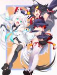  2girls :d animal_ears aqua_eyes armpits asymmetrical_legwear bell black_hair black_legwear black_shirt black_shorts black_skirt black_sleeves blue_neckwear commentary_request detached_sleeves fenrir_(fenlil0316) floating_hair fox_ears fox_tail hair_ornament highlights highres hololive long_hair long_sleeves midriff miniskirt multicolored_hair multiple_girls navel neckerchief ookami_mio open_mouth outstretched_arms pleated_skirt red_neckwear shirakami_fubuki shirt short_shorts shorts silver_hair single_thighhigh skirt sleeveless sleeveless_shirt smile standing stomach tabi tail thigh_gap thigh_strap thighhighs very_long_hair virtual_youtuber white_background white_legwear white_shirt white_sleeves yellow_eyes 