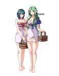  2girls alternate_hairstyle blue_eyes blue_hair braid breasts bucket byleth_(fire_emblem) byleth_(fire_emblem)_(female) cleavage closed_mouth conope fire_emblem fire_emblem:_three_houses flower green_eyes green_hair hair_flower hair_ornament holding large_breasts long_hair multiple_girls naked_towel rhea_(fire_emblem) simple_background towel twin_braids twitter_username white_background wooden_bucket 