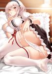  1girl ass azur_lane bangs blush breasts choker commentary eyebrows_visible_through_hair feet frilled_choker frills hair_between_eyes highres indoors kure_masahiro lace lace-trimmed_hairband lace-trimmed_panties large_breasts looking_at_viewer lying on_bed on_side panties pillow puffy_short_sleeves puffy_sleeves red_eyes red_ribbon ribbon ribbon-trimmed_legwear ribbon_trim short_hair short_sleeves side-tie_panties sirius_(azur_lane) solo sweat thighhighs underwear untying white_hair white_legwear white_panties wrist_cuffs 