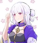  1girl airisuotog alternate_hairstyle closed_mouth fire_emblem fire_emblem:_three_houses highres long_hair lysithea_von_ordelia pink_eyes simple_background smile solo twitter_username upper_body white_hair 