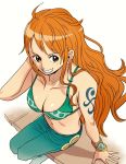  1girl arm_tattoo bare_legs bare_shoulders bikini_top breasts cleavage collarbone earrings eyebrows_visible_through_hair floating_hair from_above grin hand_up jewelry living_(pixiv5031111) log_pose long_hair looking_to_the_side medium_breasts nami_(one_piece) navel one_piece orange_hair pants sidelocks sitting smile solo stomach tattoo 