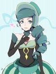  1girl 2017 black_gloves breasts cleavage commentary curly_hair dress english_commentary eyelashes gloves green_eyes green_hair green_headwear green_theme heart highres holding holding_poke_ball lematin_(pokemon) long_hair milka_(milk4ppl) poke_ball poke_ball_(generic) pokemon pokemon_(game) pokemon_xy ponytail signature small_breasts smile solo striped striped_background upper_body 