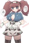  1girl atlanta_(kantai_collection) background_text blue_shirt breast_pocket breasts brown_hair bursting_breasts cleavage collared_shirt commentary_request cosplay cowboy_shot gambier_bay_(kantai_collection) gambier_bay_(kantai_collection)_(cosplay) gloves grey_eyes hairband highres kantai_collection large_breasts long_hair multicolored multicolored_clothes multicolored_shorts pocket shirt shorts simoyuki simple_background solo standing thighhighs translation_request twintails two_side_up white_background white_gloves 