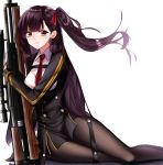  1girl bangs black_legwear blush breasts bullpup commentary_request eyebrows_visible_through_hair girls_frontline gloves gun hair_ribbon highres large_breasts long_hair looking_at_viewer men_15 mole mole_under_eye necktie one_side_up pantyhose purple_hair red_eyes red_neckwear ribbon rifle shirt simple_background sniper_rifle solo very_long_hair wa2000_(girls_frontline) walther walther_wa_2000 weapon white_background 