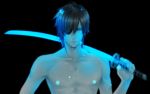  1boy artist_request asymmetrical_bangs bangs black_background black_hair blue_eyes closed_mouth date_masamune_(sengoku_basara) eyepatch glowing glowing_sword glowing_weapon holding holding_weapon katana male_focus pasties sengoku_basara shirtless short_hair simple_background solo star sword upper_body weapon 