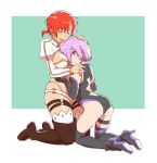  2girls ass back bangs bare_shoulders bikini black_leotard blush boudica_(fate/grand_order) breasts cleavage elbow_gloves fate/grand_order fate_(series) gloves hair_over_one_eye juliet_sleeves kneeling large_breasts lavender_hair leotard long_sleeves mash_kyrielight multiple_girls o-ring open_mouth puffy_sleeves purple_eyes red_hair short_hair short_ponytail shrug_(clothing) smile swimsuit thigh_strap thighhighs tomei000 white_bikini 
