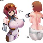  1girl a-6_io ass bodysuit breasts brown_hair elbow_gloves firstw1 from_behind gloves hairband highres huge_breasts last_origin looking_at_viewer short_hair solo wide_hips yellow_eyes 