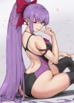  1girl ass back bare_shoulders bb_(fate)_(all) bb_(fate/extra_ccc) black_legwear black_swimsuit blush bow breasts competition_swimsuit eyebrows_visible_through_hair fate/extra fate/extra_ccc fate_(series) finger_to_mouth grey_background hair_bow haoni high_ponytail highres index_finger_raised large_breasts long_hair looking_at_viewer looking_back one-piece_swimsuit one_eye_closed open_mouth parted_lips petals ponytail purple_eyes purple_hair purple_swimsuit red_bow simple_background sitting smile solo swimsuit thighhighs thighs two-tone_swimsuit v-shaped_eyebrows very_long_hair 