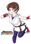  1girl ass breasts brown_eyes brown_hair dougi eron fingerless_gloves gloves headband highres looking_at_viewer one_eye_closed shoes short_hair simple_background smile sneakers socks solo spandex the_king_of_fighters white_background yuri_sakazaki 