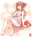  1girl alternate_costume artist_logo barefoot breasts cleavage closed_eyes commentary_request dated facing_up full_body highres kanon_(kurogane_knights) kantai_collection large_breasts light_brown_hair long_hair murasame_(kantai_collection) naked_towel remodel_(kantai_collection) sauna solo steam sweat towel two_side_up 