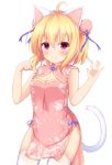  1girl ahoge animal_ears bangs bare_arms bare_shoulders blonde_hair blush breasts bun_cover cat_ears cat_girl cat_tail china_dress chinese_clothes cleavage cleavage_cutout closed_mouth commentary_request double_bun dress eyebrows_visible_through_hair fang fang_out floral_print flower groin hair_between_eyes hands_up kedama_(kedama_akaza) original paw_pose pelvic_curtain pink_dress print_dress purple_eyes purple_flower purple_ribbon ribbon simple_background sleeveless sleeveless_dress small_breasts smile solo tail thighhighs white_background white_legwear 