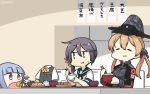  3girls akebono_(kantai_collection) anchor_hair_ornament bell blonde_hair blouse blue_eyes blue_hair blush camouflage closed_eyes eating flower food gloves grey_eyes hair_bell hair_flower hair_ornament hamu_koutarou hat hatsukaze_(kantai_collection) head_on_table highres jingle_bell kantai_collection long_hair looking_at_viewer low_twintails military military_uniform multiple_girls open_mouth peaked_cap prinz_eugen_(kantai_collection) purple_hair school_uniform serafuku short_sleeves side_ponytail smile twintails uniform very_long_hair white_gloves white_hair 
