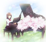 1girl 7_calpis_7 black_footwear black_sailor_collar black_skirt blush bow bowtie breasts brown_hair brown_legwear cherry_blossoms closed_eyes closed_mouth commentary_request flower grand_piano grass highres instrument loafers long_hair music original pantyhose petals piano piano_bench pink_flower playing_instrument pleated_skirt red_neckwear sailor_collar school_uniform serafuku shirt shoes sitting skirt small_breasts smile solo spring_(season) very_long_hair white_shirt 