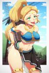  1girl absurdres artist_name bare_shoulders bent_over blonde_hair blurry blurry_background blush breasts collarbone commentary commission hair_ornament hand_on_ass highres jewelry large_breasts ledy long_hair low-tied_long_hair mill navel pointy_ears ponytail princess_zelda smile solo the_legend_of_zelda the_legend_of_zelda:_breath_of_the_wild tongue tongue_out upper_teeth 