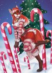  anthro belt breasts brown_collar candy candy_cane canid canine christmas clothing collar crimson_emberpaw detailed_background female fingerless_gloves food fox free-opium gloves green_eyes handwear hi_res holidays looking_at_viewer mammal outside snow solo tree 