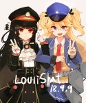  2girls absurdres artist_name black_hair black_headwear blonde_hair blue_headwear blush closed_mouth dated eyebrows_visible_through_hair girls_frontline gloves hachiroku_(maitetsu) hair_between_eyes hat highres locked_arms long_hair looking_at_viewer maitetsu messy_hair multiple_girls necktie open_mouth purple_eyes red_eyes red_neckwear smile sosan super_shorty_(girls_frontline) v watermark wavy_hair white_gloves 