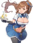  1girl beatrix_(granblue_fantasy) black_gloves black_legwear blue_shirt blue_skirt bow bowtie breasts brown_eyes brown_hair cleavage collared_shirt cup drinking_glass drinking_straw floating_hair frilled_skirt frills frown gloves granblue_fantasy hair_ornament large_breasts long_hair looking_at_viewer miniskirt navel open_mouth pantyhose ponytail rikoma shirt short_sleeves simple_background skirt solo stomach stomach_cutout tray white_background 