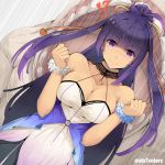  !? &gt;:) 1girl bare_shoulders blush breasts cleavage clenched_hands closed_mouth collarbone dress dutch_angle eyebrows_visible_through_hair halter_dress high_ponytail imminent_vore large_breasts long_hair monster o-ring original purple_eyes purple_hair scrunchie sidelocks sleeveless sleeveless_dress smile solo straight_hair sts upper_body v-shaped_eyebrows very_long_hair white_dress wrist_scrunchie 