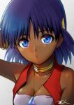  1girl bare_shoulders blue_eyes bob_cut bracelet breasts cleavage closed_mouth commentary_request dark_skin earrings fushigi_no_umi_no_nadia hair_ornament hairclip highres jewelry looking_at_viewer nadia neck_ring necklace purple_hair short_hair solo strapless tubetop vest 