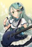  1girl aqua_hair bang_dream! barashiya bow commentary dress electric_guitar eyebrows_visible_through_hair floral_background flower frilled_cuffs green_bow green_eyes guitar hair_flower hair_ornament highres hikawa_sayo holding holding_instrument instrument layered_dress long_hair looking_at_viewer outline parted_lips plectrum short_dress short_sleeves solo standing white_dress white_outline wrist_cuffs 