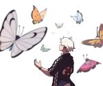  1boy bug butterfly closed_mouth creature flying gen_6_pokemon guzma_(pokemon) insect male_focus pokemon pokemon_(creature) pokemon_(game) pokemon_sm short_sleeves simple_background ssalbulre too_many upper_body vivillon watch white_background white_hair wristwatch 