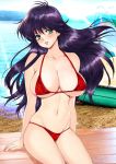  ayukawa_madoka beach bikini black_hair breasts green_eyes highres kimagure_orange_road large_breasts long_hair looking_at_viewer navel oyaman red_bikini sitting swimsuit 