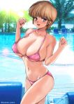  beach_chair bikini breasts brown_hair highres hiyama_hikaru kimagure_orange_road large_breasts looking_at_viewer navel open_mouth oyaman pool short_hair swimsuit watermark 