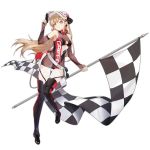  1girl alternate_costume bangs black_footwear black_legwear blonde_hair blush boots breasts center_opening checkered checkered_flag clothes_writing cross cross_earrings dress earrings elbow_gloves eyebrows_visible_through_hair fingerless_gloves flag full_body girls_frontline gloves gun hair_between_eyes hair_ornament handgun holding holding_flag holding_gun holding_weapon holster jewelry light_brown_hair long_hair looking_at_viewer multiple_piercings official_art pistol ppk_(girls_frontline) race_queen see-through short_dress sidelocks sleeveless sleeveless_dress smile smile_(mm-l) snap-fit_buckle solo thighhighs transparent_background trigger_discipline visor_cap walther walther_ppk weapon white_headwear 