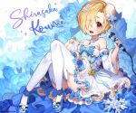  blonde_hair blue blush cropped dress fang flowers idolmaster idolmaster_cinderella_girls lerome lolita_fashion microphone necklace red_eyes rose shirasaka_koume short_hair signed thighhighs watermark 