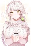  1girl absurdres alternate_costume asymmetrical_bangs bangs blush braid breasts brown_eyes cup eyebrows_visible_through_hair highres holding holding_cup kantai_collection large_breasts long_hair long_sleeves mug simple_background single_braid smile solo steam sweater turtleneck turtleneck_sweater unryuu_(kantai_collection) upper_body very_long_hair white_hair white_sweater yunamaro 