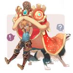  ! ? animal_costume armband black_pants blonde_hair blue_eyes blue_shirt cuffs dragon_costume link link_(wolf) long_hair looking_at_viewer natsuyon new_year pants shackles shirt shoes spoken_exclamation_mark spoken_question_mark tank_top the_legend_of_zelda the_legend_of_zelda:_breath_of_the_wild the_legend_of_zelda:_twilight_princess 