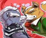  canid canine canis eyewear fox fox_mccloud fur grey_body grey_fur hands_together happy hi_res kissing male male/male mammal nintendo oneeyewolf oneeyewolf_(artist) orange_body orange_fur romantic_ambiance smile star_fox video_games wallpaper wolf wolf_o&#039;donnell 