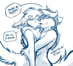  2020 annoyed anthro basitin blush canid canine canis casual_nudity chest_tuft conditional_dnp dialogue duo english_text eyes_closed female fluffy hug keidran keith_keiser male mammal monochrome natani nude one_eye_closed simple_background sketch smile text tom_fischbach tuft twokinds webcomic white_background wolf 