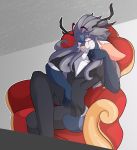  2019 anthro antlers azul_alexander blue_body blue_fur blush blush_stickers bottomwear cervid chair clothing cosplay dress_shirt fur furniture hair hi_res horn kaito_(vocaloid) lolzneo looking_at_viewer male mammal pants scar shirt sitting smile solo topwear vocaloid white_body white_fur 