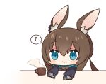  1girl amiya_(arknights) animal_ear_fluff animal_ears arknights blue_eyes brown_hair bunny_ears chibi cup dokumi long_sleeves mug musical_note simple_background smile solo spoken_musical_note white_background 