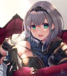  1girl aqua_eyes arm_guards bangs black_gloves blush braid breasts cleavage couch diadem fingerless_gloves fukai_ryousuke gloves grey_hair hair_between_eyes highres hololive looking_at_viewer lying mole mole_on_breast on_side open_mouth puffy_sleeves shirogane_noel short_hair side_braid single_pauldron smile solo virtual_youtuber 