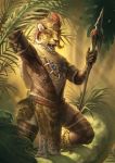  2020 5_fingers black_nose digital_media_(artwork) felid fingers holding_object holding_spear holding_weapon jaguar jungle mammal melee_weapon open_mouth pantherine pechschwinge polearm spear teeth tongue weapon 