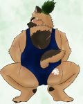  2020 anthro blush brown_body brown_fur butt canid canine canis domestic_dog fur hi_res kemono mammal scar simple_background slightly_chubby solo tokyo_afterschool_summoners video_games wrestling_singlet yaki_atsuage yasuyori 