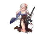  1girl 9a-91 9a-91_(girls_frontline) alternate_costume arm_up assault_rifle bangs bare_shoulders blue_eyes boots bow breasts brown_skirt cleavage closed_mouth damaged eyebrows_visible_through_hair fangdan_runiu flower full_body girls_frontline gun hair_between_eyes hair_flower hair_ornament holding holding_gun holding_weapon leather leather_boots long_hair one_eye_closed rifle scope silver_hair sitting skirt solo suppressor tears torn_clothes torn_skirt transparent_background weapon 
