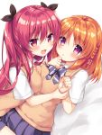  2girls :d :o asymmetrical_docking bangs bed_sheet black_ribbon blush bow braid breast_press breasts brown_hair collared_shirt commentary_request diagonal-striped_bow eyebrows_visible_through_hair fukai_ni_nemuru_oujo_no_abaddon girl_on_top hair_between_eyes hair_ribbon highres hino_yachika long_hair lying medium_breasts multiple_girls natsuki_marina on_back open_mouth parted_lips pleated_skirt purple_bow purple_eyes purple_skirt red_eyes red_hair ribbon school_uniform shirt short_sleeves skirt small_breasts smile striped striped_bow suzumori_mia sweater_vest two_side_up very_long_hair white_background white_shirt 