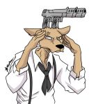  2019 angry artist-apprentice587 beastars black_nose brown_body brown_fur cervid clothed clothing eyes_closed fur gun louis_(beastars) mammal necktie ranged_weapon shirt signature simple_background sketch solo topwear weapon white_background 