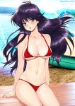  ayukawa_madoka beach bikini black_hair breasts green_eyes highres kimagure_orange_road long_hair looking_at_viewer navel oyaman red_bikini sitting swimsuit watermark 