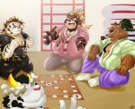  2020 anthro bottomwear brown_body brown_fur canid canine canis clothing domestic_dog eyes_closed eyewear felid fur glasses goemon_(tas) group hi_res humanoid_hands kemono licho_(tas) male mammal moonwhitetiger overweight overweight_male pantherine pants raccoon_dog robe scar sitting tanuki tiger tokyo_afterschool_summoners video_games white_body white_fur yasuyori 