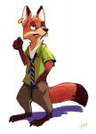  2016 anthro barefoot bottomwear canid canine clothed clothing disney fox fully_clothed fur green_eyes hand_in_pocket head_tuft hi_res light lighting mammal necktie nick_wilde orange_body orange_fur pants pockets red_fox shirt simple_background snowfoxatheart solo standing topwear tuft white_background zootopia 