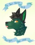  anthro canid canine digital_media_(artwork) fox fur green_body green_fur happy headshot hi_res looking_at_viewer male mammal simple_background sleepy_(character) solo text vixlries 
