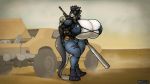  16:9 araidian_(artist) armor backpack baseball_bat bat_(object) big_breasts bottomwear breasts car chain clothing crossgender desert facial_piercing female gun hi_res huge_breasts hyper hyper_breasts jeans kraxah nipples nose_piercing nose_ring pants piercing post-apocalyptic ranged_weapon sergal torn_bottomwear torn_clothing torn_jeans torn_pants vehicle weapon 