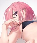  1girl black_bra bra bra_pull covering_mouth fate/grand_order fate_(series) glasses hand_over_own_mouth mash_kyrielight nail_polish pink_eyes pink_hair short_hair solo to_gemichi underwear white_background 