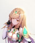  1girl blonde_hair breasts cleavage cleavage_cutout eyebrows_visible_through_hair eyes_visible_through_hair gradient gradient_background grey_background hikari_(xenoblade_2) long_hair looking_at_viewer medium_breasts navekaw solo upper_body xenoblade_(series) xenoblade_2 yellow_eyes 